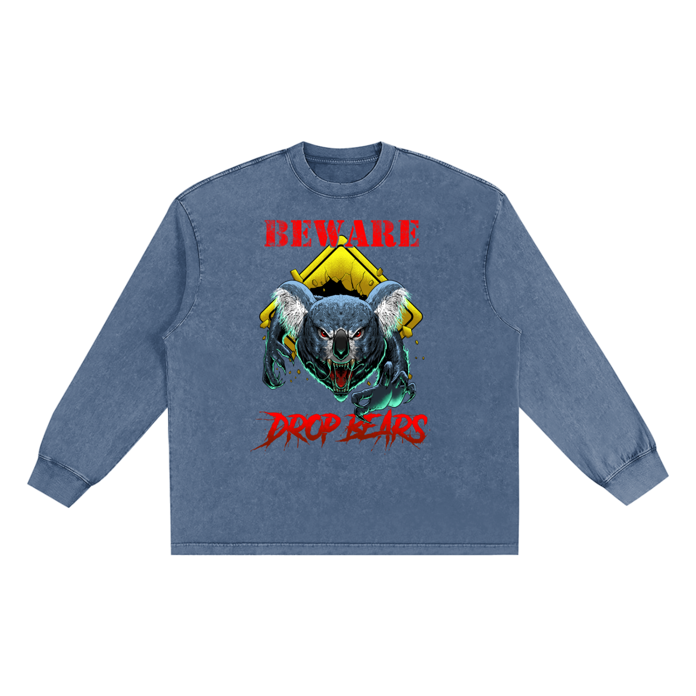 Beware Drop Bear Snow Washed Long Sleeve Chambray Blue Tee