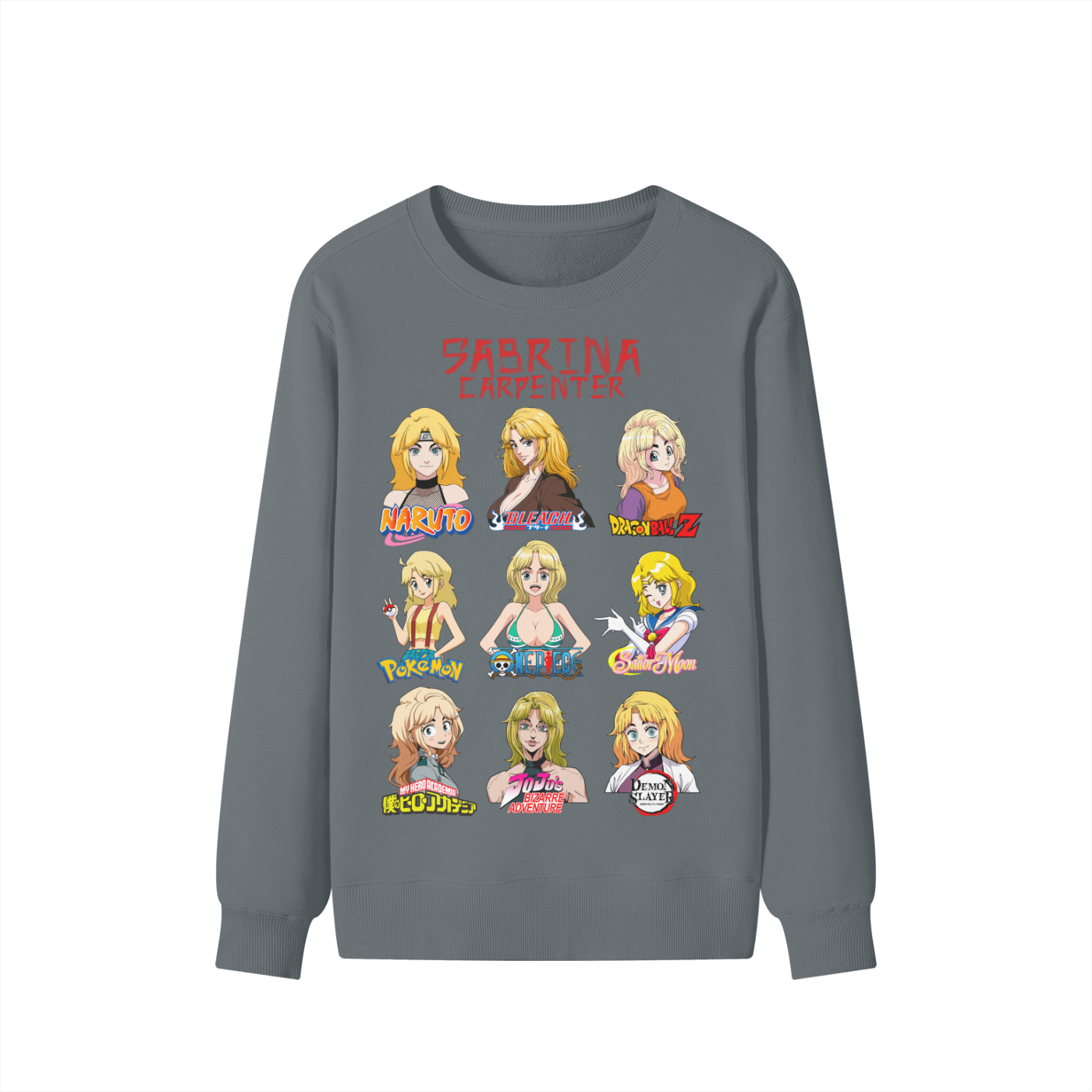 Sabrina Carpenter Anime Art Styles Dark Grey Classic Sweatshirt, Naruto, Bleach, Dragonball Z, Pokémon, One Piece, Sailor Moon, My Hero Academia, Jojo's Bizarre Adventure, Demon Slayer