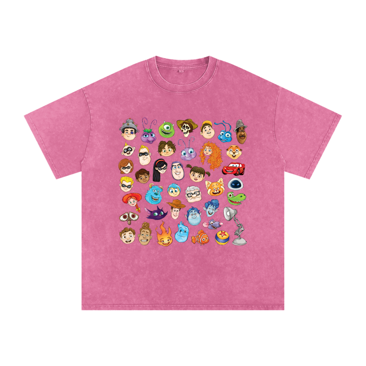 Watercolour Disney Pixar Protagonist Icons Rose Pink Acid Wash Tee, Toy Story, A Bug’s Life, Monsters, Inc., Finding Nemo, The Incredibles, Cars, Ratatouille, WALL-E, Up, Brave, Inside Out, The Good Dinosaur, Coco, Onward, Soul, Luca, Turning Red, Elemental, Elio, Hoppers, Gatto