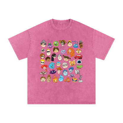 Watercolour Disney Pixar Protagonist Icons Rose Pink Acid Wash Tee, Toy Story, A Bug’s Life, Monsters, Inc., Finding Nemo, The Incredibles, Cars, Ratatouille, WALL-E, Up, Brave, Inside Out, The Good Dinosaur, Coco, Onward, Soul, Luca, Turning Red, Elemental, Elio, Hoppers, Gatto