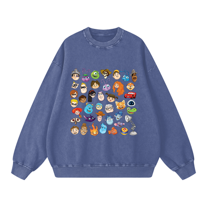 Watercolour Disney Pixar Protagonist Icons Lapis Blue Acid Wash Sweatshirt, Toy Story, A Bug’s Life, Monsters, Inc., Finding Nemo, The Incredibles, Cars, Ratatouille, WALL-E, Up, Brave, Inside Out, The Good Dinosaur, Coco, Onward, Soul, Luca, Turning Red, Elemental, Elio, Hoppers, Gatto