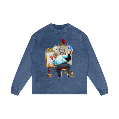 Donald Trump Triple Self Portrait Dark Blue Acid Wash Long Sleeve Tee