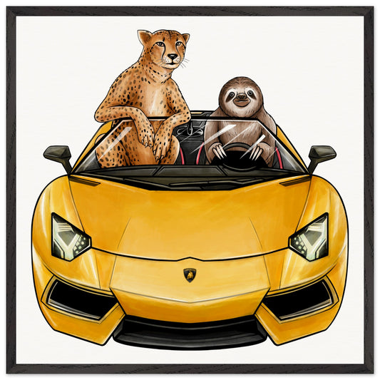 Cheetah & Sloth Lamborghini Aventador Black Frame Premium Luxury Wooden Framed Poster