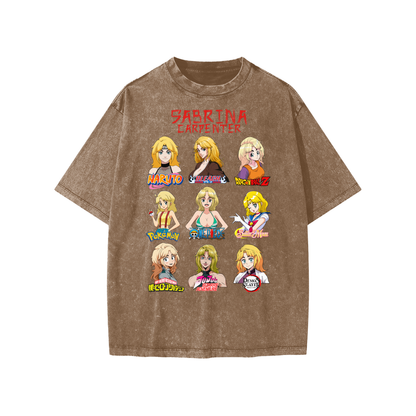 Sabrina Carpenter Anime Art Styles Coffee Snow Washed Kids' Tee, Naruto, Bleach, Dragonball Z, Pokémon, One Piece, Sailor Moon, My Hero Academia, Jojo's Bizarre Adventure, Demon Slayer