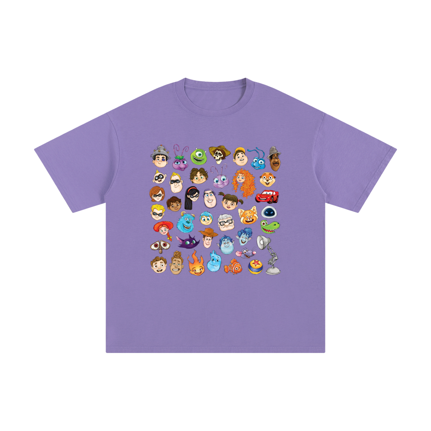 Watercolour Disney Pixar Protagonist Icons Paris Purple Classic Tee, Toy Story, A Bug’s Life, Monsters, Inc., Finding Nemo, The Incredibles, Cars, Ratatouille, WALL-E, Up, Brave, Inside Out, The Good Dinosaur, Coco, Onward, Soul, Luca, Turning Red, Elemental, Elio, Hoppers, Gatto