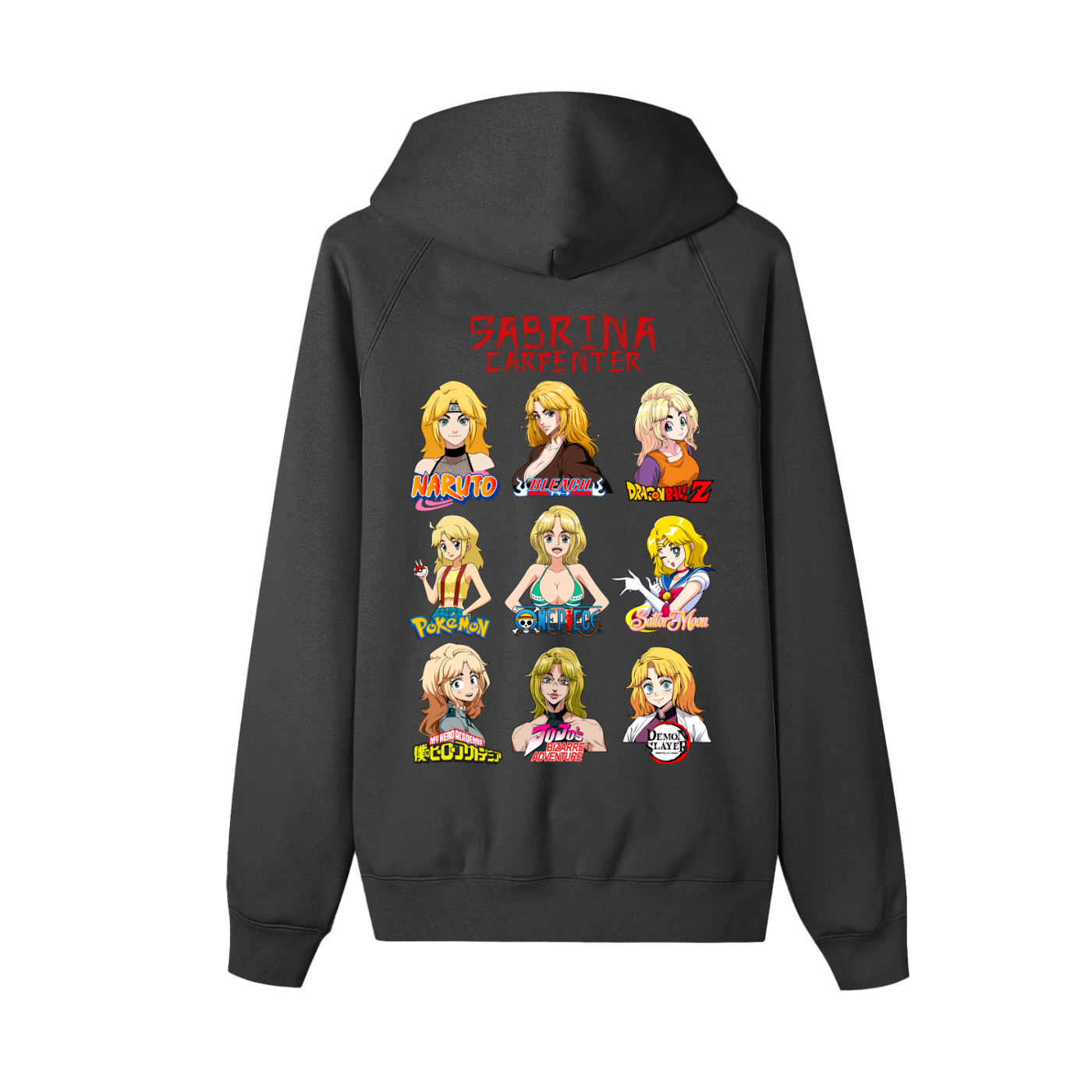 Sabrina Carpenter Anime Art Styles Black Zip-Up Fleece Hoodie, Naruto, Bleach, Dragonball Z, Pokémon, One Piece, Sailor Moon, My Hero Academia, Jojo's Bizarre Adventure, Demon Slayer