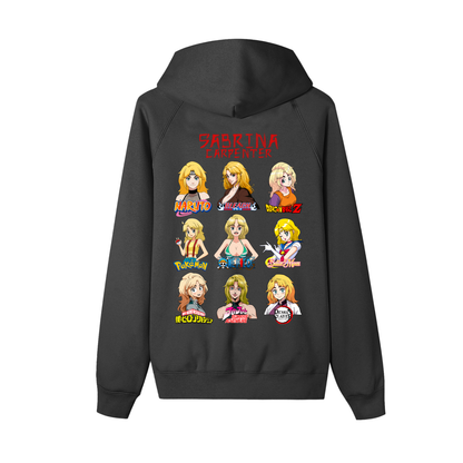 Sabrina Carpenter Anime Art Styles Black Zip-Up Fleece Hoodie, Naruto, Bleach, Dragonball Z, Pokémon, One Piece, Sailor Moon, My Hero Academia, Jojo's Bizarre Adventure, Demon Slayer