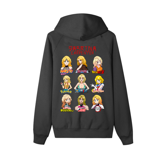 Sabrina Carpenter Anime Art Styles Black Zip-Up Fleece Hoodie, Naruto, Bleach, Dragonball Z, Pokémon, One Piece, Sailor Moon, My Hero Academia, Jojo's Bizarre Adventure, Demon Slayer