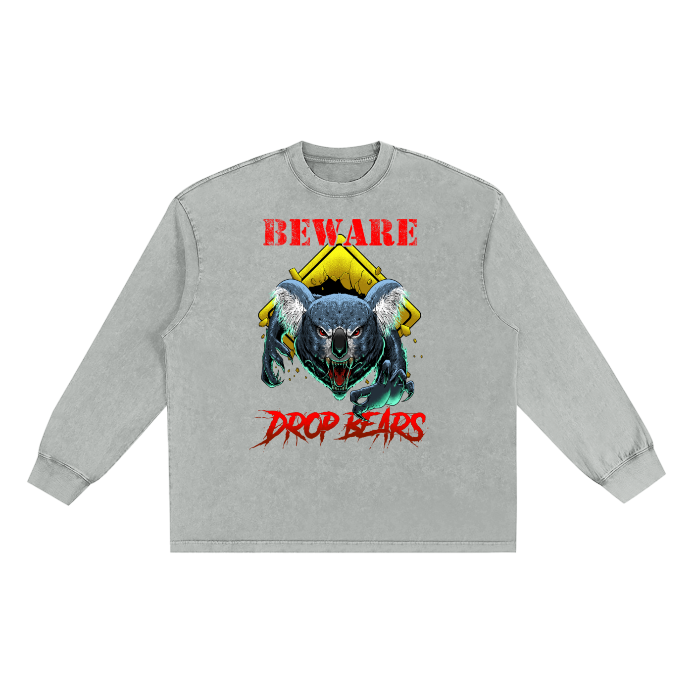 Beware Drop Bear Snow Washed Long Sleeve Light Grey Tee