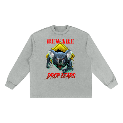Beware Drop Bear Snow Washed Long Sleeve Light Grey Tee