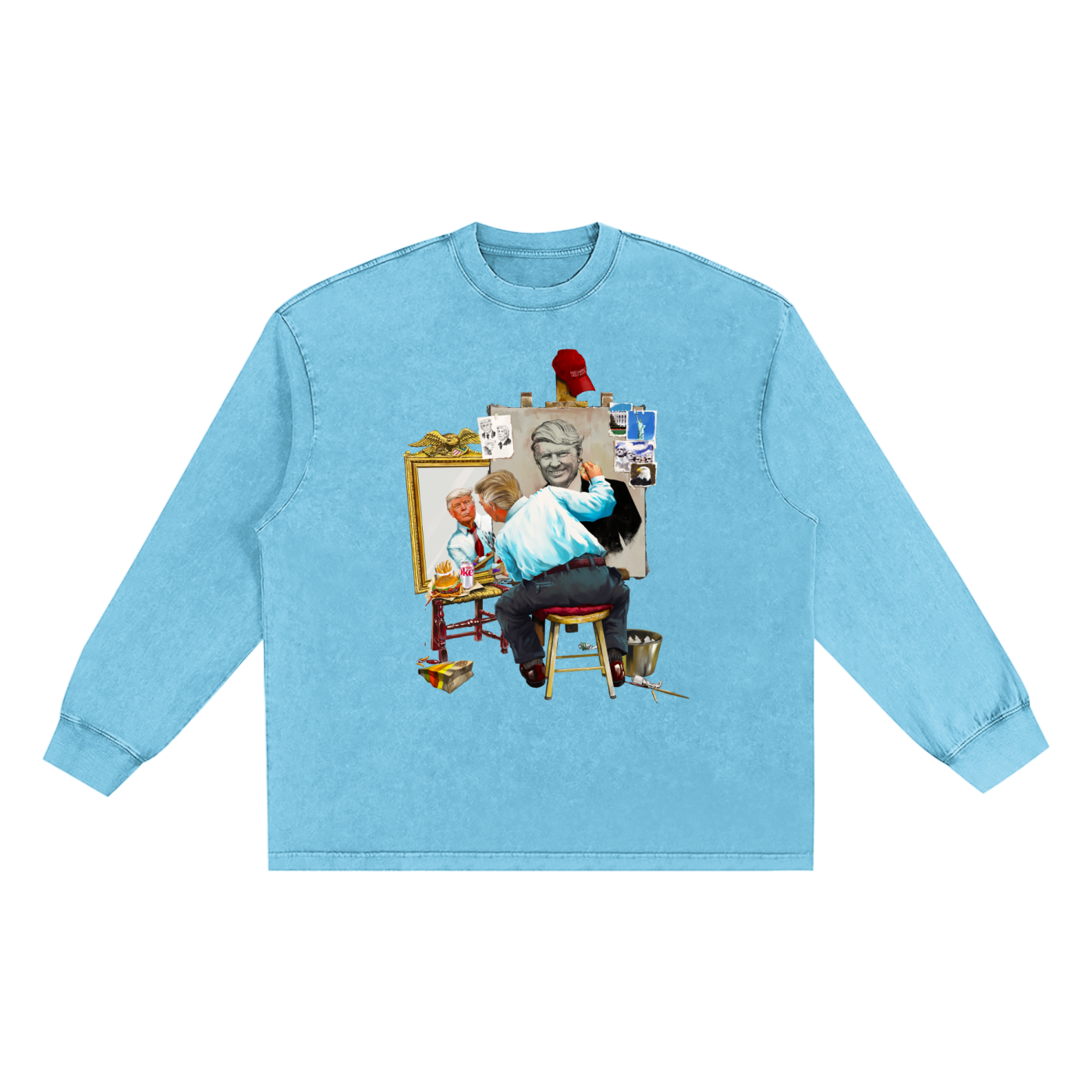 Donald Trump Triple Self Portrait Snow Washed Long Sleeve Sky Blue Tee
