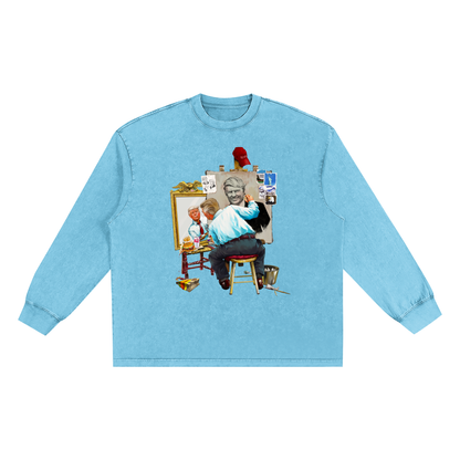 Donald Trump Triple Self Portrait Snow Washed Long Sleeve Sky Blue Tee