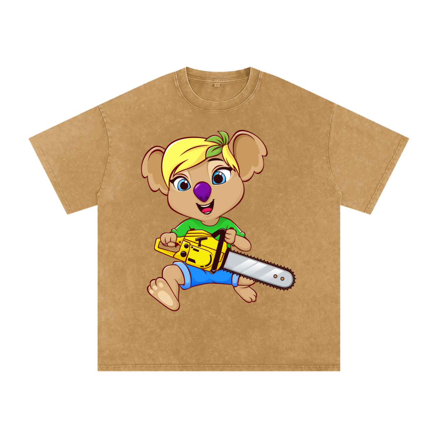 Disney Style Koala Chainsaw Acid Wash Light Brown Tee