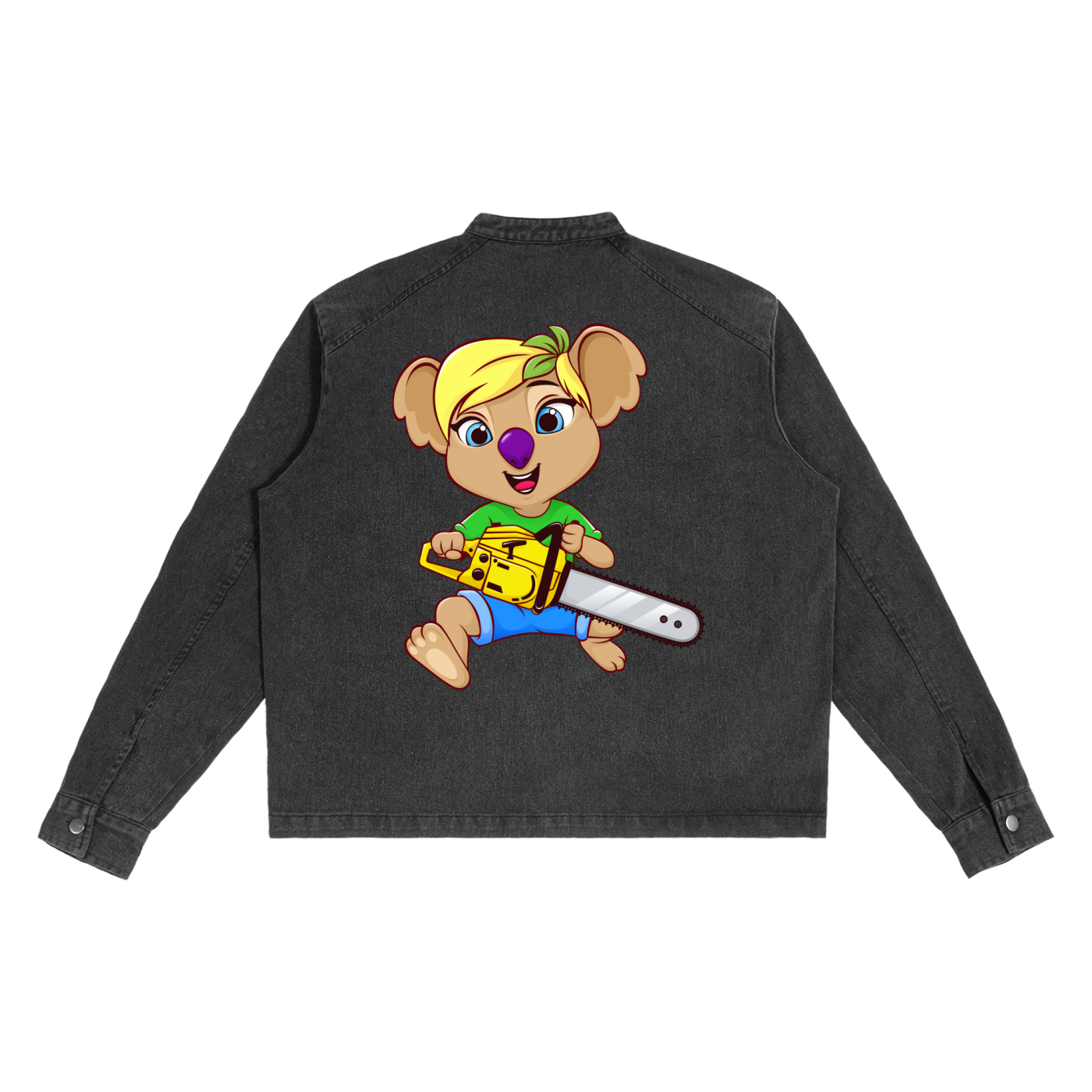Disney Style Koala Chainsaw Black Denim Vintage Washed Zip-Up Jacket