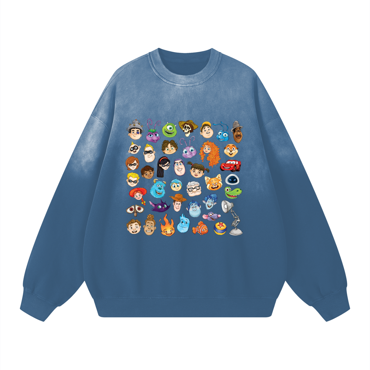 Watercolour Disney Pixar Protagonist Icons Midnight Steel Blue Sunfaded Acid Wash Sweatshirt, Toy Story, A Bug’s Life, Monsters, Inc., Finding Nemo, The Incredibles, Cars, Ratatouille, WALL-E, Up, Brave, Inside Out, The Good Dinosaur, Coco, Onward, Soul, Luca, Turning Red, Elemental, Elio, Hoppers, Gatto
