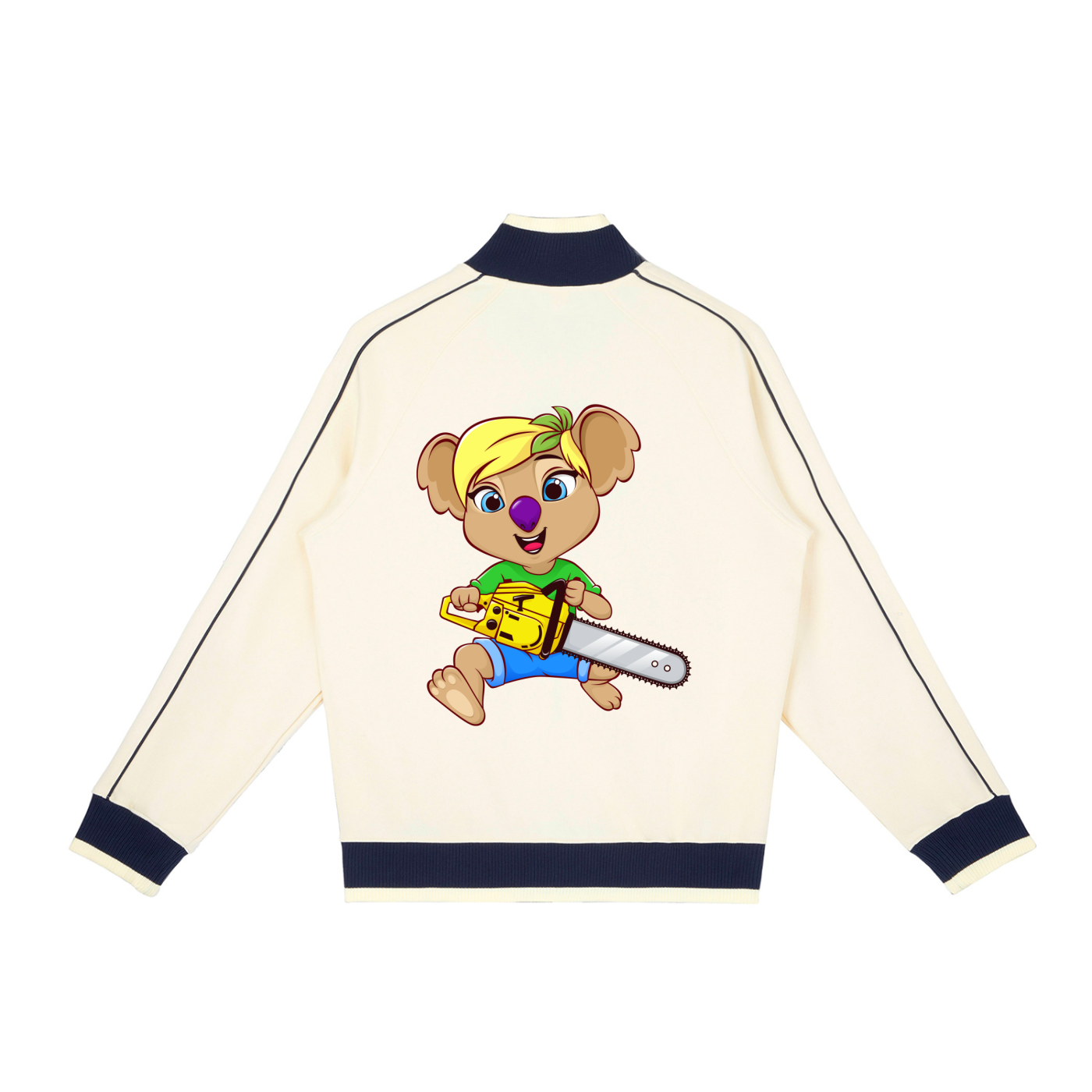 Disney Style Koala Chainsaw Vanilla Cream Retro Raglan Zip-Up Track Jacket