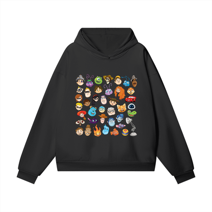Watercolour Disney Pixar Protagonist Icons Black Hidden Pocket Fleece Hoodie, Toy Story, A Bug’s Life, Monsters, Inc., Finding Nemo, The Incredibles, Cars, Ratatouille, WALL-E, Up, Brave, Inside Out, The Good Dinosaur, Coco, Onward, Soul, Luca, Turning Red, Elemental, Elio, Hoppers, Gatto