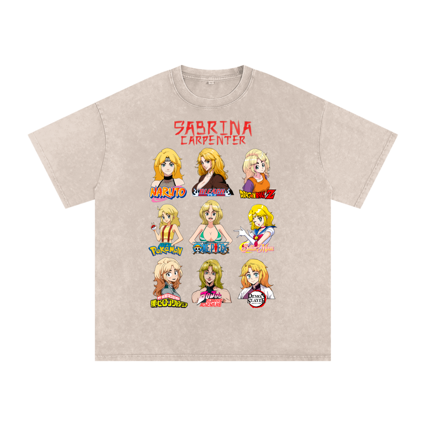 Sabrina Carpenter Anime Art Styles Light Khaki Acid Wash Tee, Naruto, Bleach, Dragonball Z, Pokémon, One Piece, Sailor Moon, My Hero Academia, Jojo's Bizarre Adventure, Demon Slayer