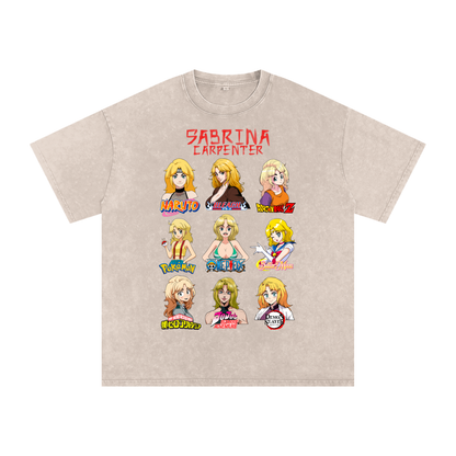 Sabrina Carpenter Anime Art Styles Light Khaki Acid Wash Tee, Naruto, Bleach, Dragonball Z, Pokémon, One Piece, Sailor Moon, My Hero Academia, Jojo's Bizarre Adventure, Demon Slayer