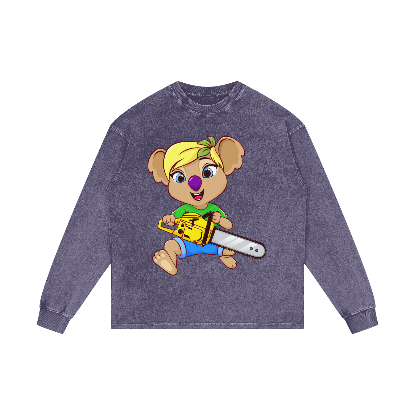 Disney Style Koala Chainsaw Purple Haze Acid Wash Long Sleeve Tee
