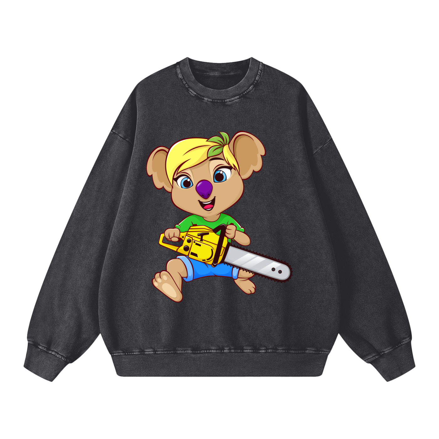 Disney Style Koala Chainsaw Acid Wash Black Sweatshirt