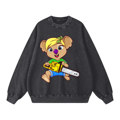 Disney Style Koala Chainsaw Acid Wash Black Sweatshirt