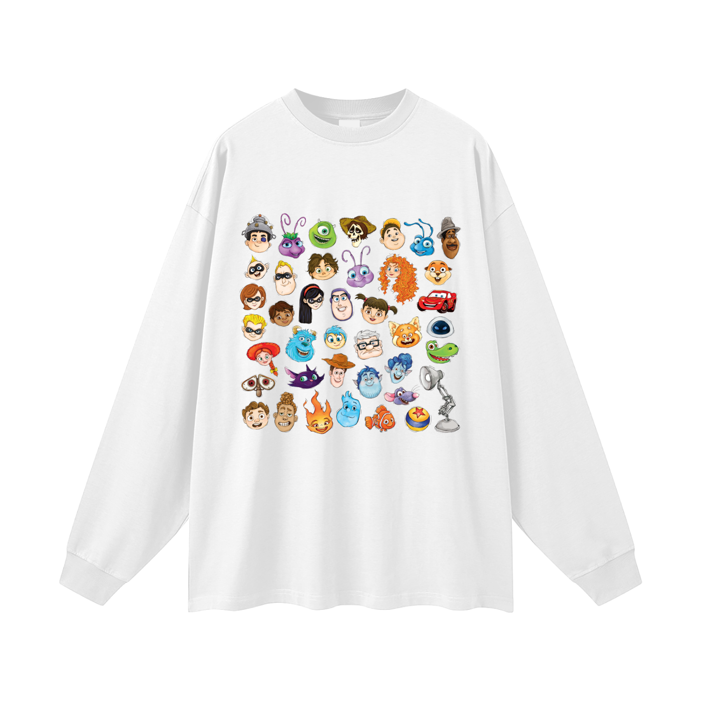 Watercolour Disney Pixar Protagonist Icons White Classic Long Sleeve Tee, Toy Story, A Bug’s Life, Monsters, Inc., Finding Nemo, The Incredibles, Cars, Ratatouille, WALL-E, Up, Brave, Inside Out, The Good Dinosaur, Coco, Onward, Soul, Luca, Turning Red, Elemental, Elio, Hoppers, Gatto