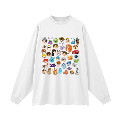 Watercolour Disney Pixar Protagonist Icons White Classic Long Sleeve Tee, Toy Story, A Bug’s Life, Monsters, Inc., Finding Nemo, The Incredibles, Cars, Ratatouille, WALL-E, Up, Brave, Inside Out, The Good Dinosaur, Coco, Onward, Soul, Luca, Turning Red, Elemental, Elio, Hoppers, Gatto