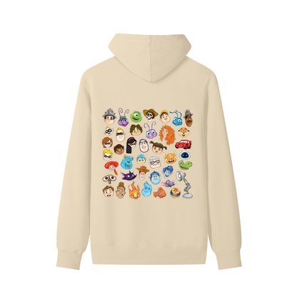 Watercolour Disney Pixar Protagonist Icons Light Khaki Classic Hoodie, Toy Story, A Bug’s Life, Monsters, Inc., Finding Nemo, The Incredibles, Cars, Ratatouille, WALL-E, Up, Brave, Inside Out, The Good Dinosaur, Coco, Onward, Soul, Luca, Turning Red, Elemental, Elio, Hoppers, Gatto