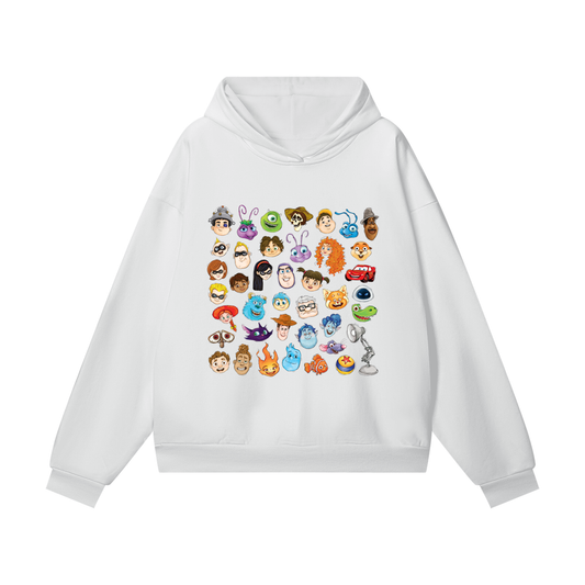 Watercolour Disney Pixar Protagonist Icons White Hidden Pocket Fleece Hoodie, Toy Story, A Bug’s Life, Monsters, Inc., Finding Nemo, The Incredibles, Cars, Ratatouille, WALL-E, Up, Brave, Inside Out, The Good Dinosaur, Coco, Onward, Soul, Luca, Turning Red, Elemental, Elio, Hoppers, Gatto