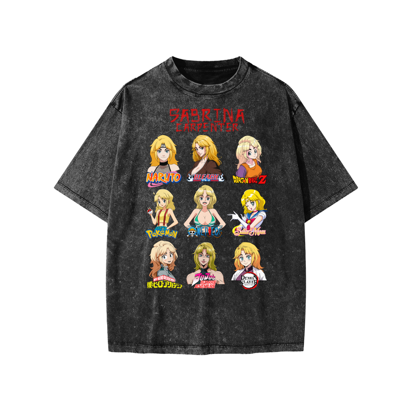 Sabrina Carpenter Anime Art Styles Black Snow Washed Kids' Tee, Naruto, Bleach, Dragonball Z, Pokémon, One Piece, Sailor Moon, My Hero Academia, Jojo's Bizarre Adventure, Demon Slayer