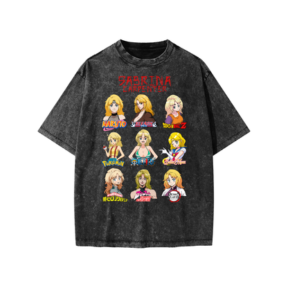Sabrina Carpenter Anime Art Styles Black Snow Washed Kids' Tee, Naruto, Bleach, Dragonball Z, Pokémon, One Piece, Sailor Moon, My Hero Academia, Jojo's Bizarre Adventure, Demon Slayer