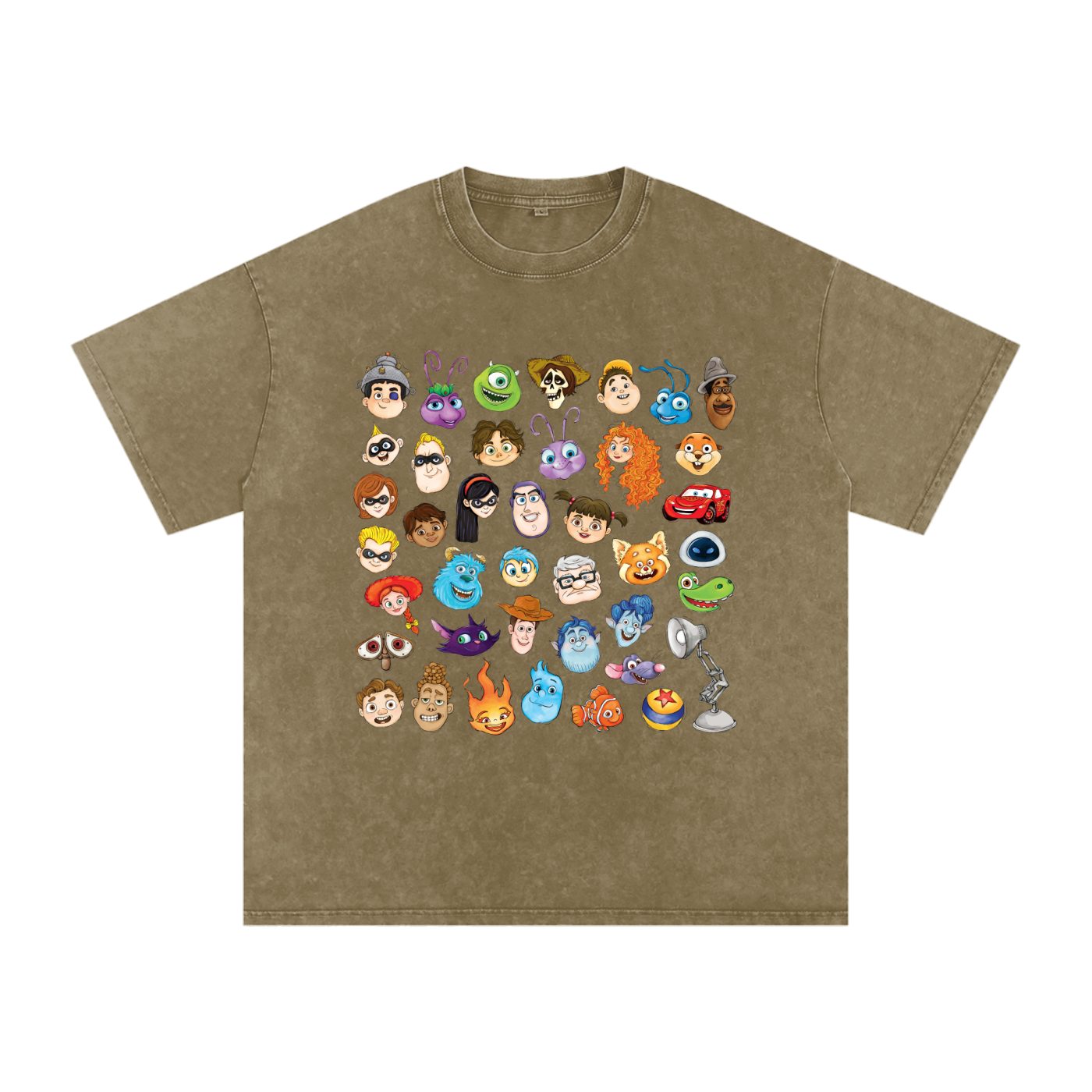 Watercolour Disney Pixar Protagonist Icons Military Green Acid Wash Tee, Toy Story, A Bug’s Life, Monsters, Inc., Finding Nemo, The Incredibles, Cars, Ratatouille, WALL-E, Up, Brave, Inside Out, The Good Dinosaur, Coco, Onward, Soul, Luca, Turning Red, Elemental, Elio, Hoppers, Gatto