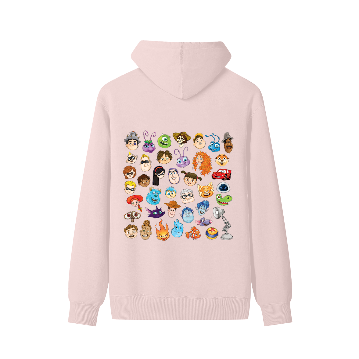 Watercolour Disney Pixar Protagonist Icons Light Pink Classic Hoodie, Toy Story, A Bug’s Life, Monsters, Inc., Finding Nemo, The Incredibles, Cars, Ratatouille, WALL-E, Up, Brave, Inside Out, The Good Dinosaur, Coco, Onward, Soul, Luca, Turning Red, Elemental, Elio, Hoppers, Gatto