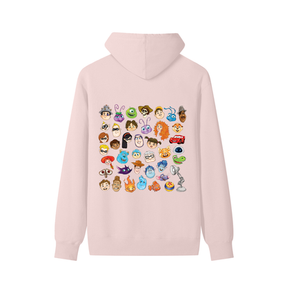 Watercolour Disney Pixar Protagonist Icons Light Pink Classic Hoodie, Toy Story, A Bug’s Life, Monsters, Inc., Finding Nemo, The Incredibles, Cars, Ratatouille, WALL-E, Up, Brave, Inside Out, The Good Dinosaur, Coco, Onward, Soul, Luca, Turning Red, Elemental, Elio, Hoppers, Gatto