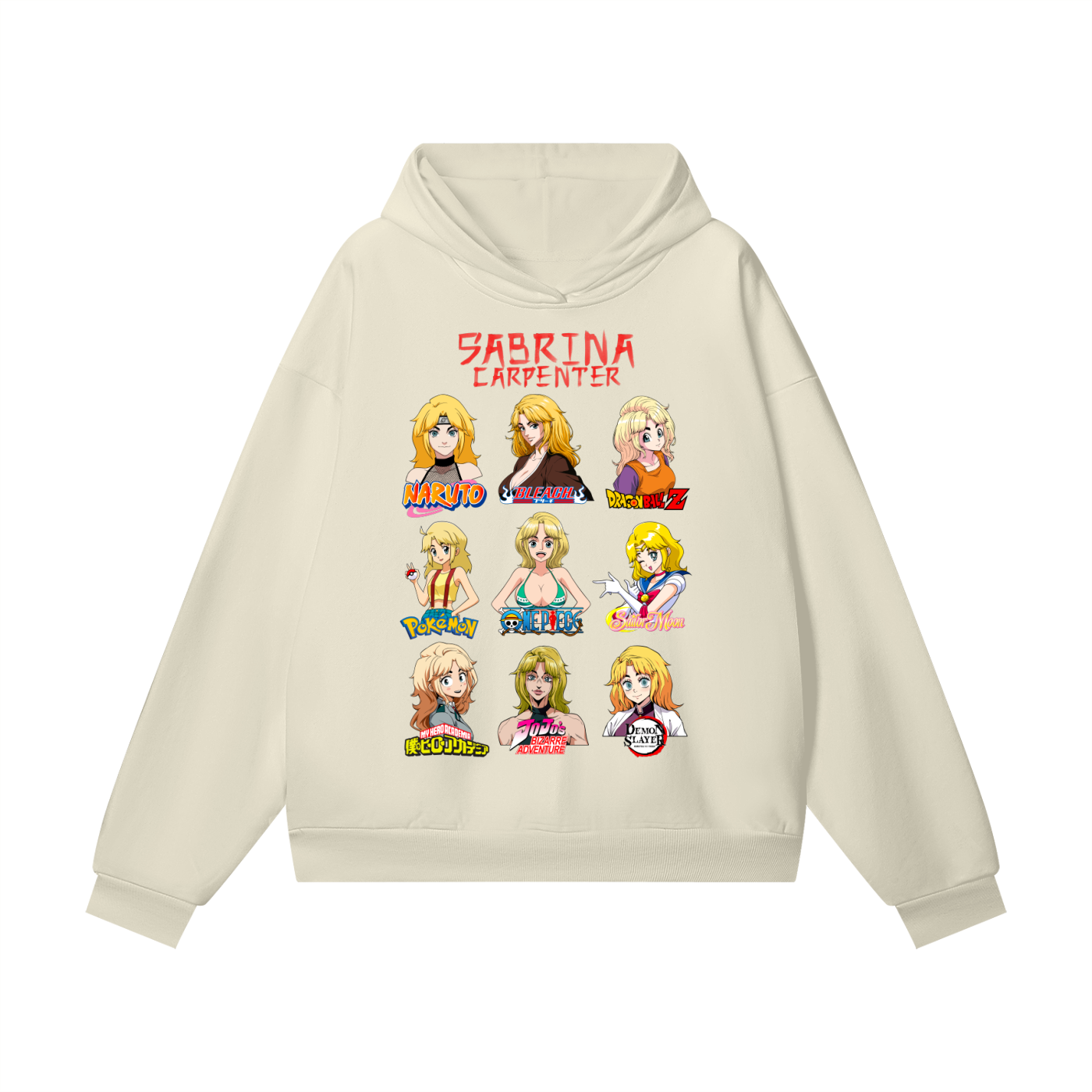 Sabrina Carpenter Anime Art Styles Light Khaki Hidden Pocket Fleece Hoodie, Naruto, Bleach, Dragonball Z, Pokémon, One Piece, Sailor Moon, My Hero Academia, Jojo's Bizarre Adventure, Demon Slayer