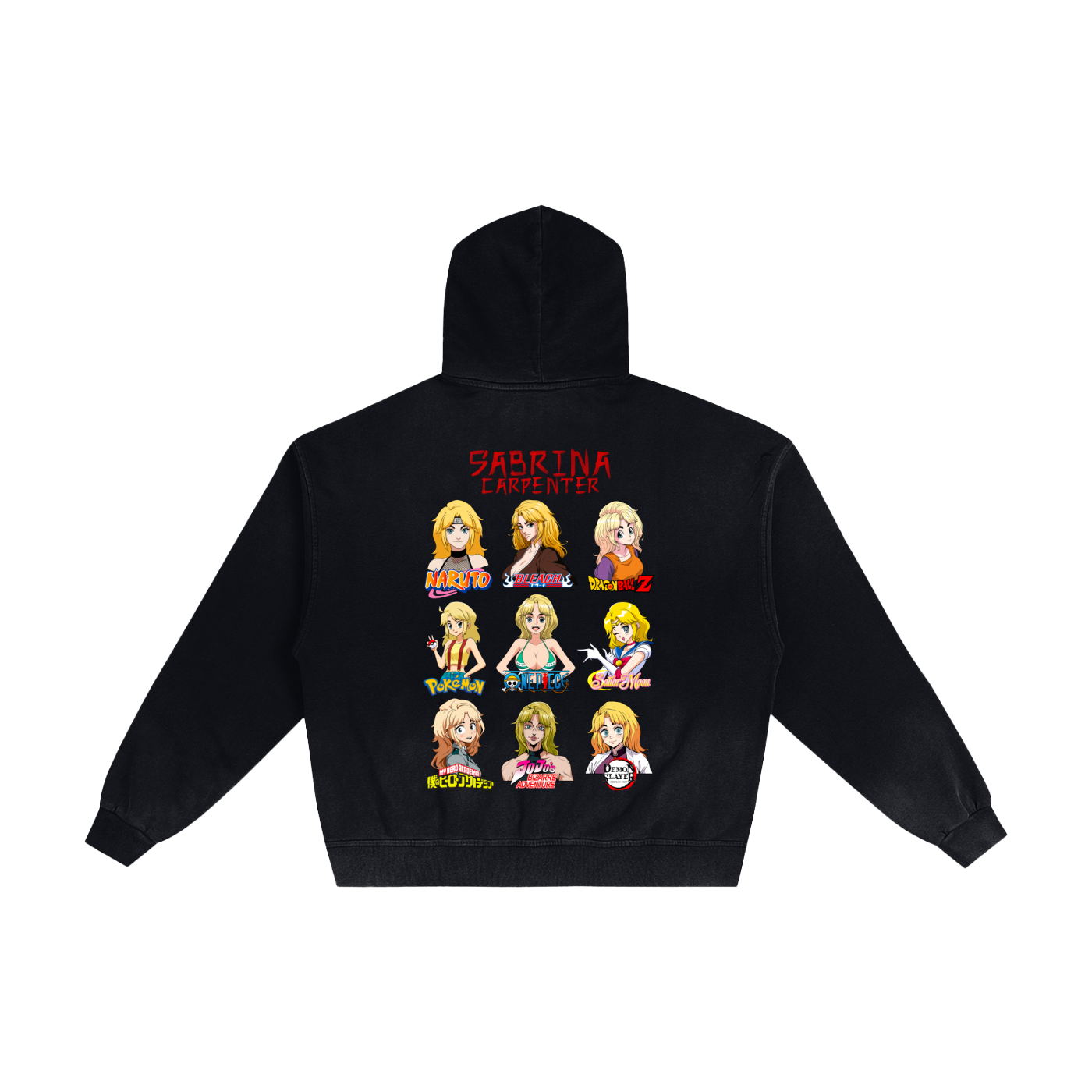 Sabrina Carpenter Anime Art Styles Black Sunfaded Zip-Up Hoodie, Naruto, Bleach, Dragon Ball Z, Pokémon, One Piece, Sailor Moon, My Hero Academia, Jojo's Bizarre Adventure, Demon Slayer