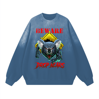 Beware Drop Bear Sunfaded Acid Wash Midnight Steel Blue Sweatshirt