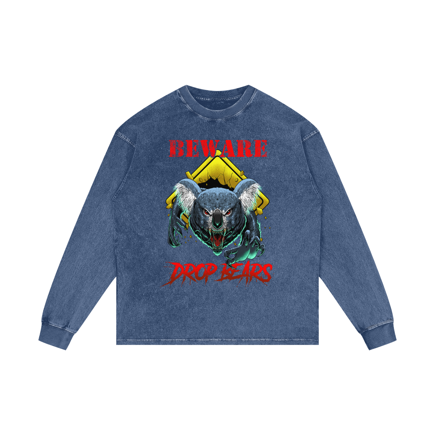 Beware Drop Bear Dark Blue Acid Wash Long Sleeve Tee