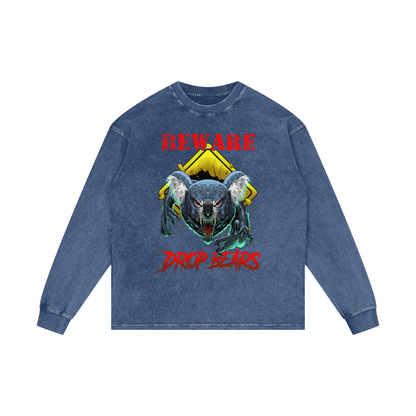 Beware Drop Bear Dark Blue Acid Wash Long Sleeve Tee