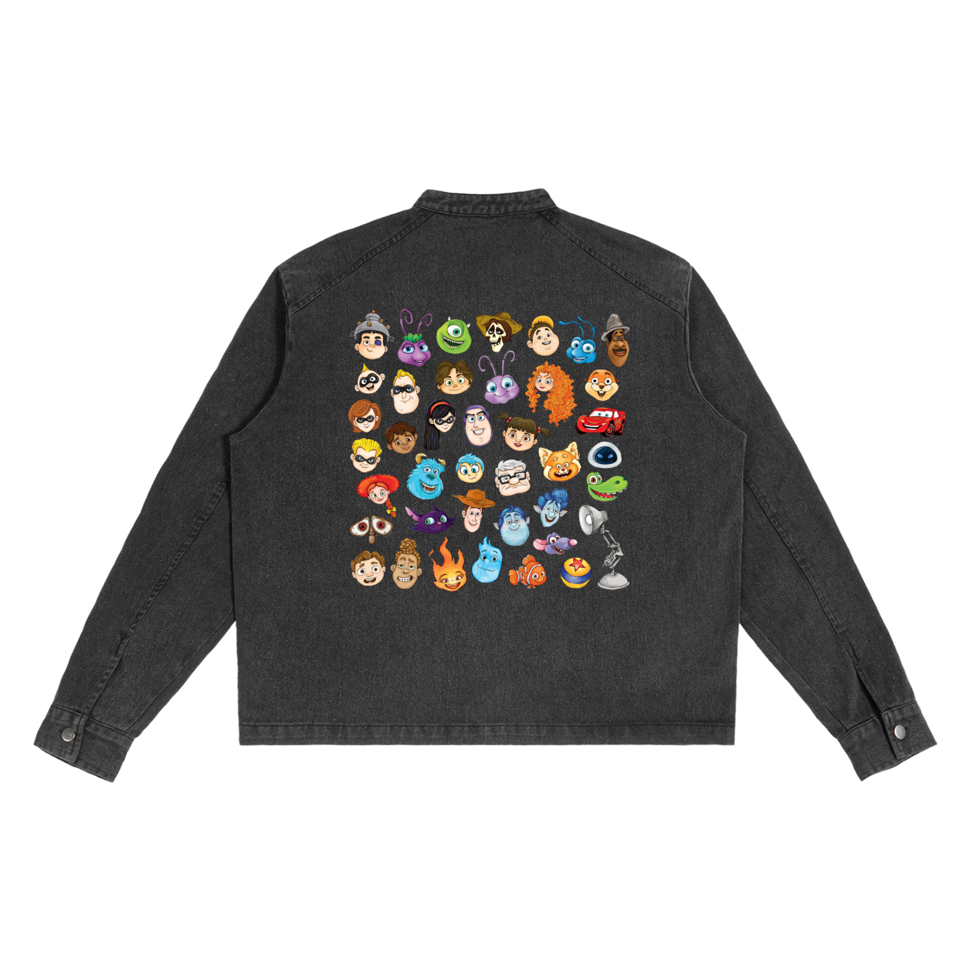 Watercolour Disney Pixar Protagonist Icons Black Denim Vintage Washed Zip-Up Jacket, Toy Story, A Bug’s Life, Monsters, Inc., Finding Nemo, The Incredibles, Cars, Ratatouille, WALL-E, Up, Brave, Inside Out, The Good Dinosaur, Coco, Onward, Soul, Luca, Turning Red, Elemental, Elio, Hoppers, Gatto
