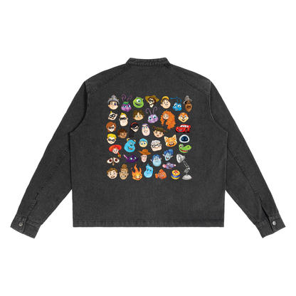 Watercolour Disney Pixar Protagonist Icons Black Denim Vintage Washed Zip-Up Jacket, Toy Story, A Bug’s Life, Monsters, Inc., Finding Nemo, The Incredibles, Cars, Ratatouille, WALL-E, Up, Brave, Inside Out, The Good Dinosaur, Coco, Onward, Soul, Luca, Turning Red, Elemental, Elio, Hoppers, Gatto
