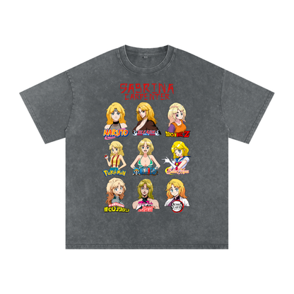 Sabrina Carpenter Anime Art Styles Dark Grey Acid Wash Tee, Naruto, Bleach, Dragonball Z, Pokémon, One Piece, Sailor Moon, My Hero Academia, Jojo's Bizarre Adventure, Demon Slayer