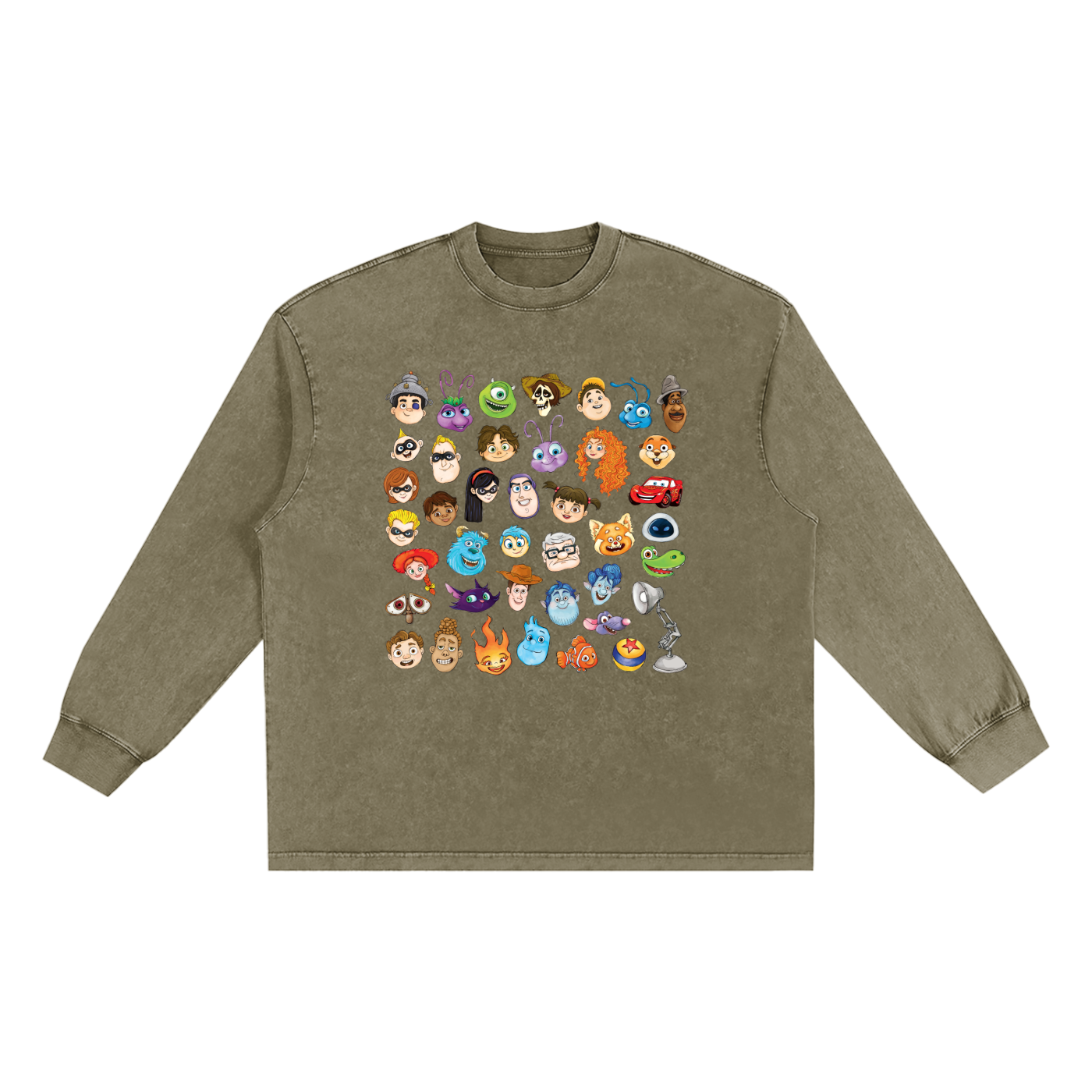 Watercolour Disney Pixar Protagonist Icons Military Green Snow Washed Long Sleeve Tee, Toy Story, A Bug’s Life, Monsters, Inc., Finding Nemo, The Incredibles, Cars, Ratatouille, WALL-E, Up, Brave, Inside Out, The Good Dinosaur, Coco, Onward, Soul, Luca, Turning Red, Elemental, Elio, Hoppers, Gatto