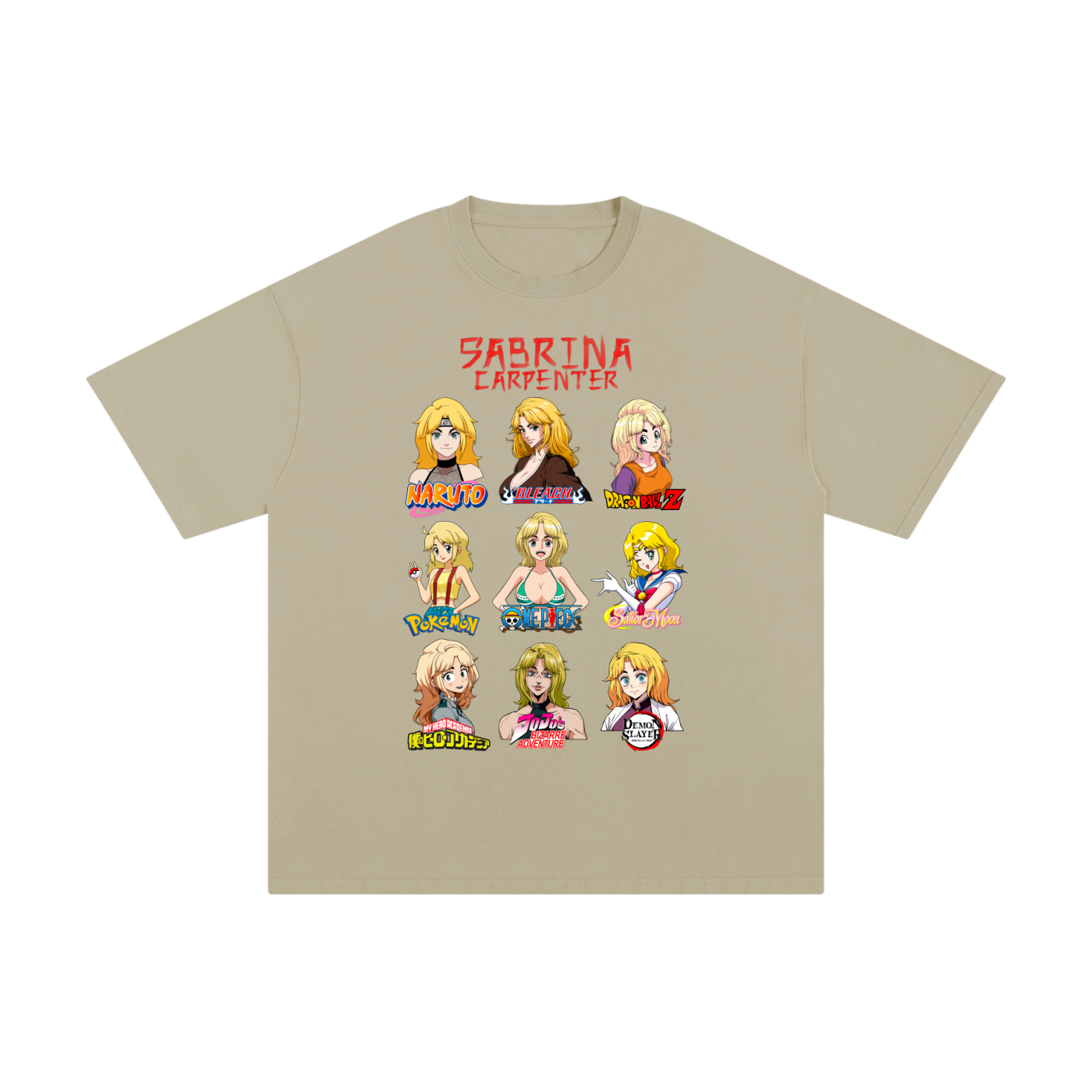 Sabrina Carpenter Anime Art Styles Dusty Olive Classic Tee, Naruto, Bleach, Dragonball Z, Pokémon, One Piece, Sailor Moon, My Hero Academia, Jojo's Bizarre Adventure, Demon Slayer