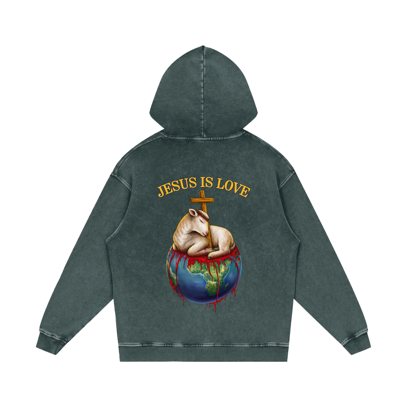 Jesus Is Love Acid Wash Dark Green Hoodie