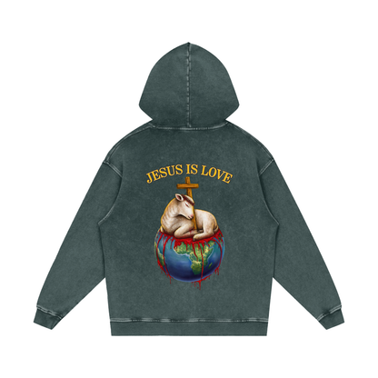 Jesus Is Love Acid Wash Dark Green Hoodie
