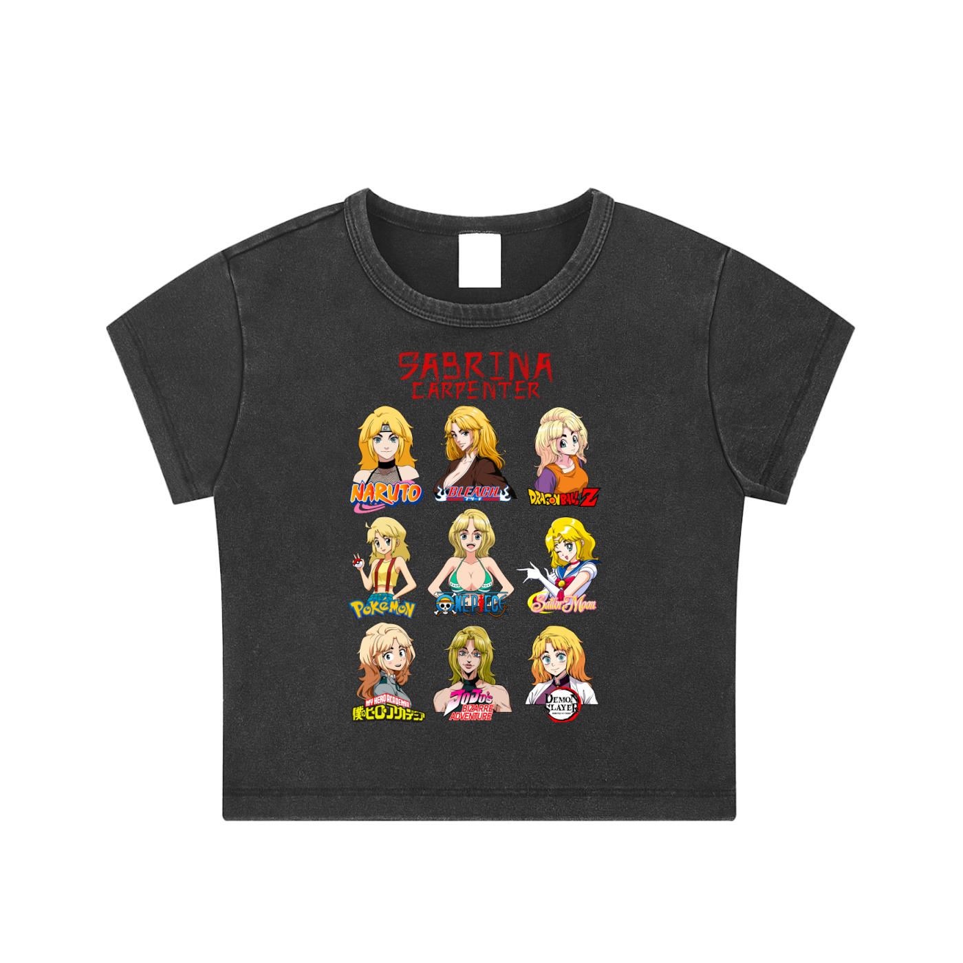 Sabrina Carpenter Anime Art Styles Black Woman's Snow Washed Crop Top, Naruto, Bleach, Dragonball Z, Pokémon, One Piece, Sailor Moon, My Hero Academia, Jojo's Bizarre Adventure, Demon Slayer