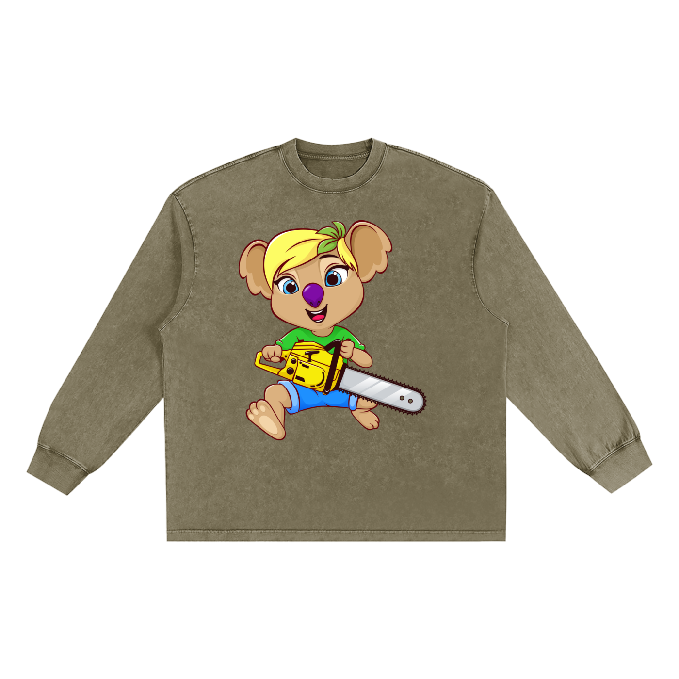 Disney Style Koala Chainsaw Snow Washed Long Sleeve Military Green Tee