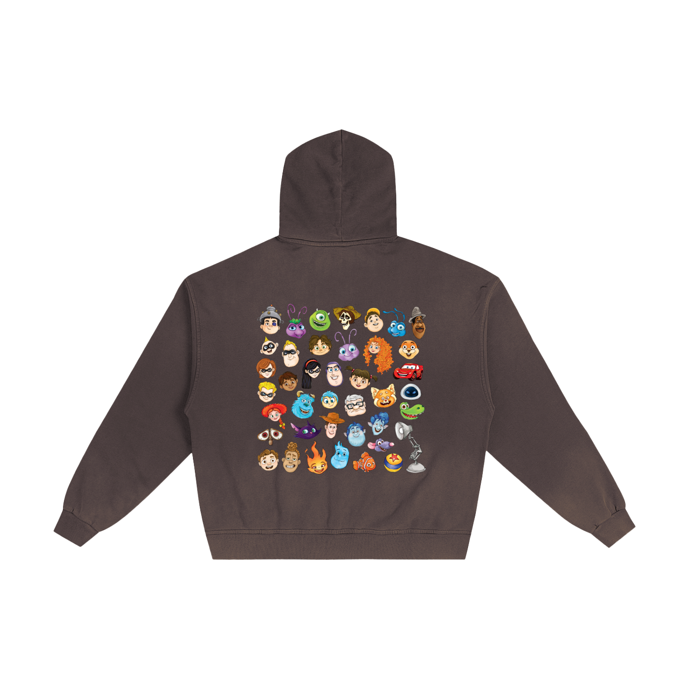 Watercolour  Disney Pixar Protagonist Icons Cocoa Brown Sunfaded Zip-Up Hoodie, Toy Story, A Bug’s Life, Monsters, Inc., Finding Nemo, The Incredibles, Cars, Ratatouille, WALL-E, Up, Brave, Inside Out, The Good Dinosaur, Coco, Onward, Soul, Luca, Turning Red, Elemental, Elio, Hoppers, Gatto
